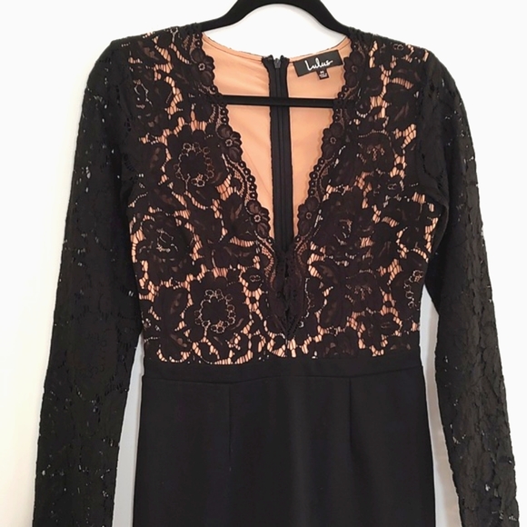 Lulu's Womens Deep V-Neck Bodycon Black Stretch Lace Midi Dress/Size M - Picture 3 of 10